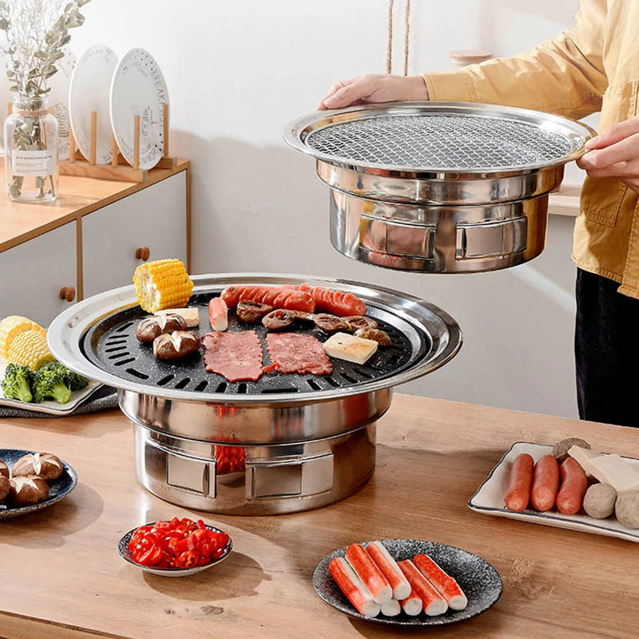 13 Inch Korean Charcoal BBQ Grill, Round Metal Tabletop Grill, Silver