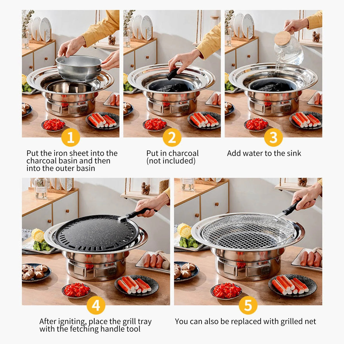 13 Inch Korean Charcoal BBQ Grill, Round Metal Tabletop Grill, Silver