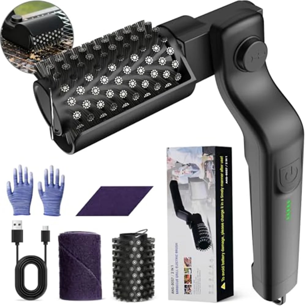 Rechargeable Electric Grill Brush with Stainless Steel Bristles, 3-Speed Motor and 2600mAh Battery