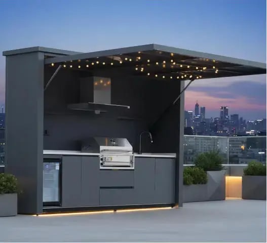 FOODLINE Modular Outdoor Kitchen Cabinet Shelter, Stainless Steel, Custom Layout - Style16