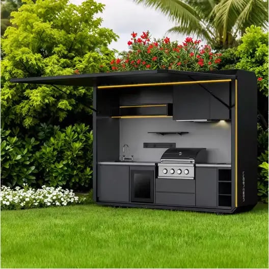 FOODLINE Modular Outdoor Kitchen Cabinet Shelter, Stainless Steel, Custom Layout - Style18