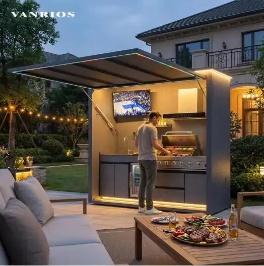 FOODLINE Modular Outdoor Kitchen Cabinet Shelter, Stainless Steel, Custom Layout - Style21