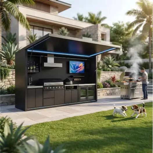 FOODLINE Modular Outdoor Kitchen Cabinet Shelter, Stainless Steel, Custom Layout - Style22