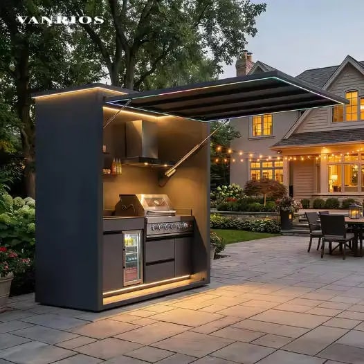FOODLINE Modular Outdoor Kitchen Cabinet Shelter, Stainless Steel, Custom Layout - Style11