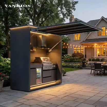FOODLINE Modular Outdoor Kitchen Cabinet Shelter, Stainless Steel, Custom Layout - Style11