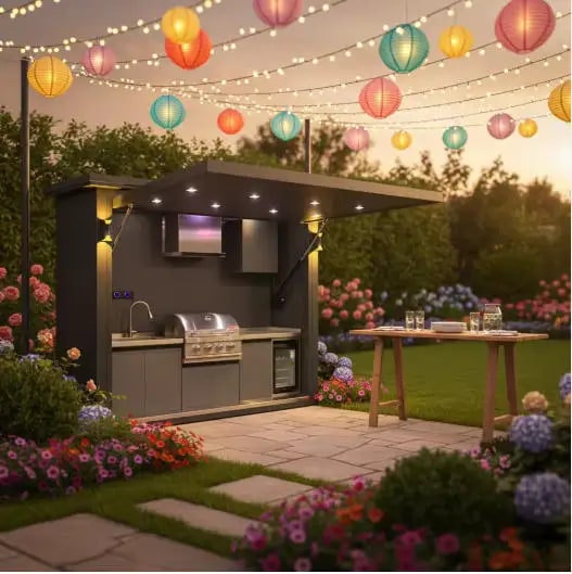 FOODLINE Modular Outdoor Kitchen Cabinet Shelter, Stainless Steel, Custom Layout - Style12