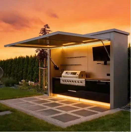 FOODLINE Modular Outdoor Kitchen Cabinet Shelter, Stainless Steel, Custom Layout - Style15