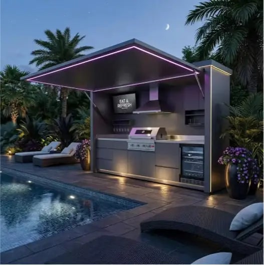 FOODLINE Modular Outdoor Kitchen Cabinet Shelter, Stainless Steel, Custom Layout - Style5
