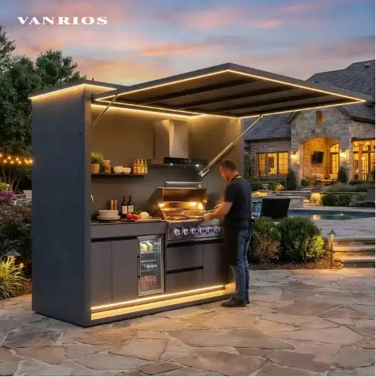 FOODLINE Modular Outdoor Kitchen Cabinet Shelter, Stainless Steel, Custom Layout - Style4
