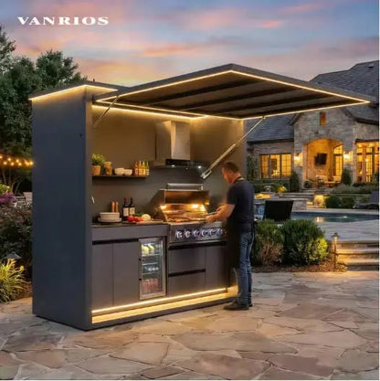 FOODLINE Modular Outdoor Kitchen Cabinet Shelter, Stainless Steel, Custom Layout - Style4