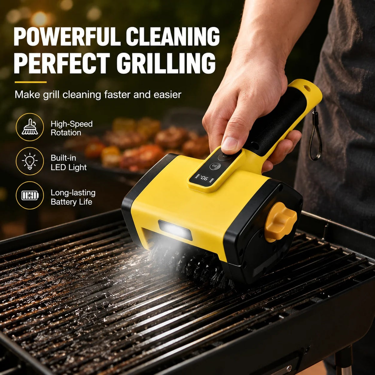 Electric BBQ Grill Brush with Stainless Steel Bristles, 2-Speed, 3000mAh USB