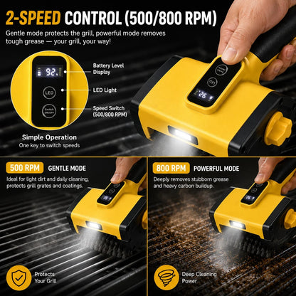 Electric BBQ Grill Brush with Stainless Steel Bristles, 2-Speed, 3000mAh USB