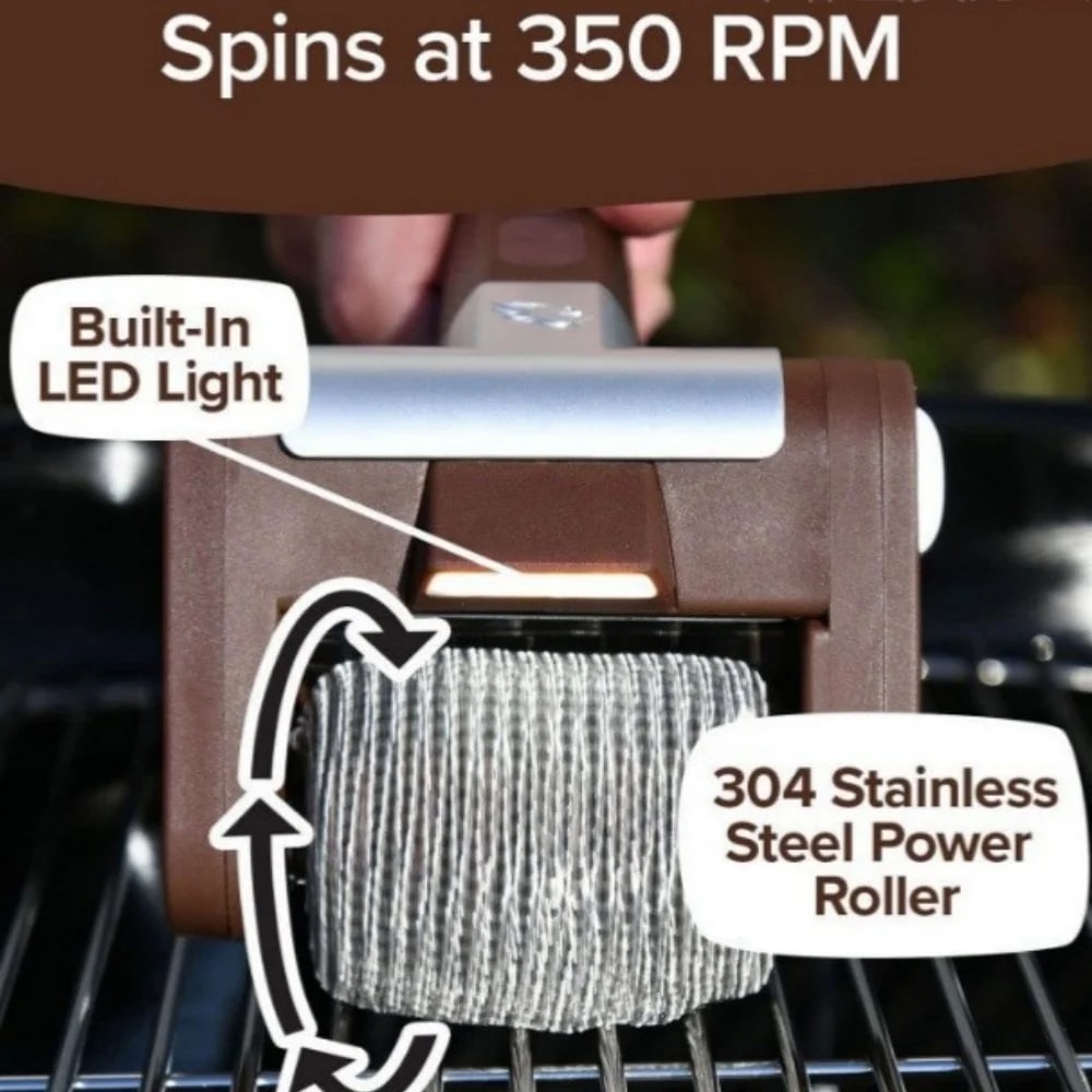 Rechargeable Electric BBQ Grill Cleaning Brush with Stainless Steel Roller and LED, 350 RPM
