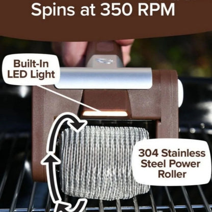 Rechargeable Electric BBQ Grill Cleaning Brush with Stainless Steel Roller and LED, 350 RPM