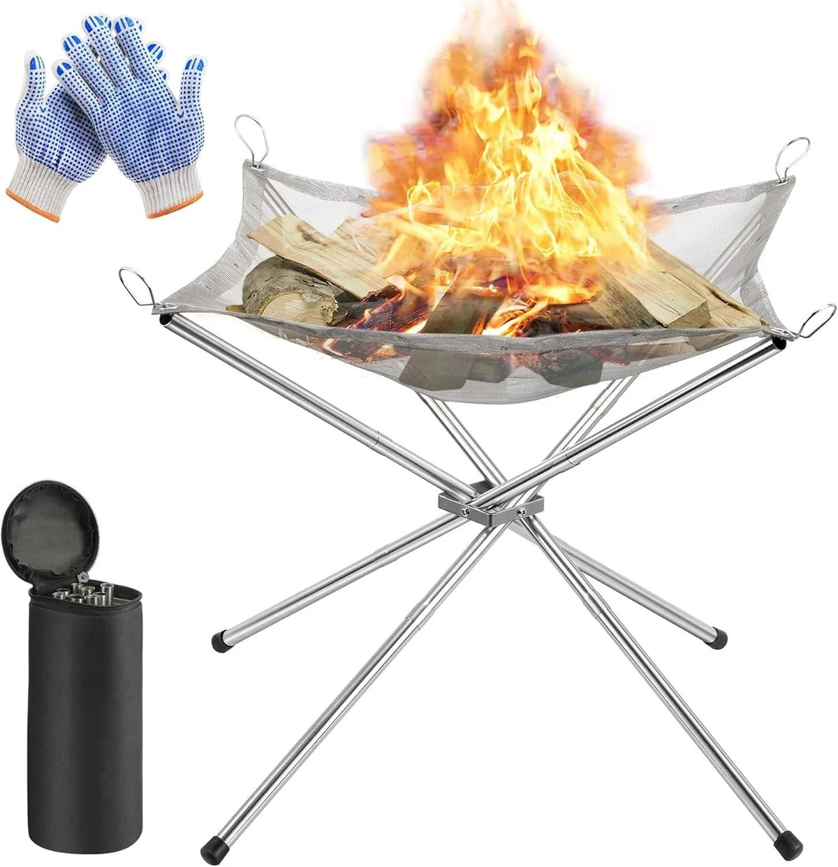 Portable Stainless Steel Wood-Fuel Fire Pit with Carry Bag and Gloves