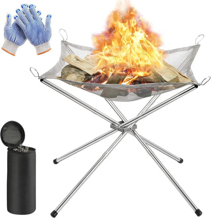 Portable Stainless Steel Wood-Fuel Fire Pit with Carry Bag and Gloves