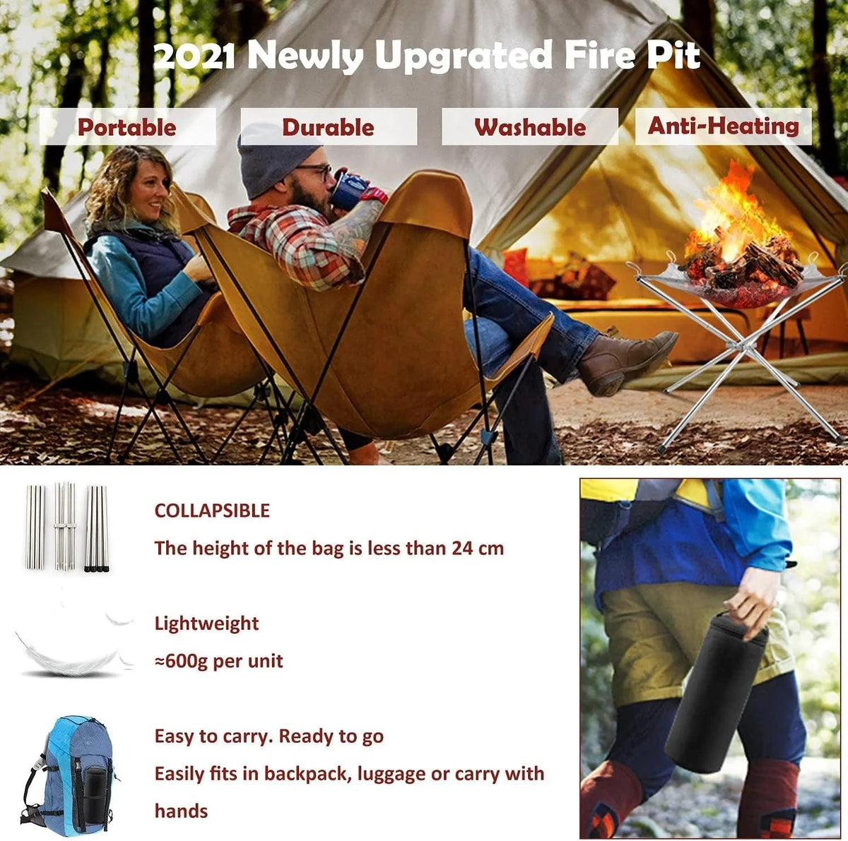 Portable Stainless Steel Wood-Fuel Fire Pit with Carry Bag and Gloves