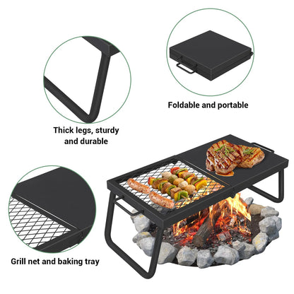 Swivel Campfire Grill Steel Grate, Height Adjustable Folding Fire Pit Rack