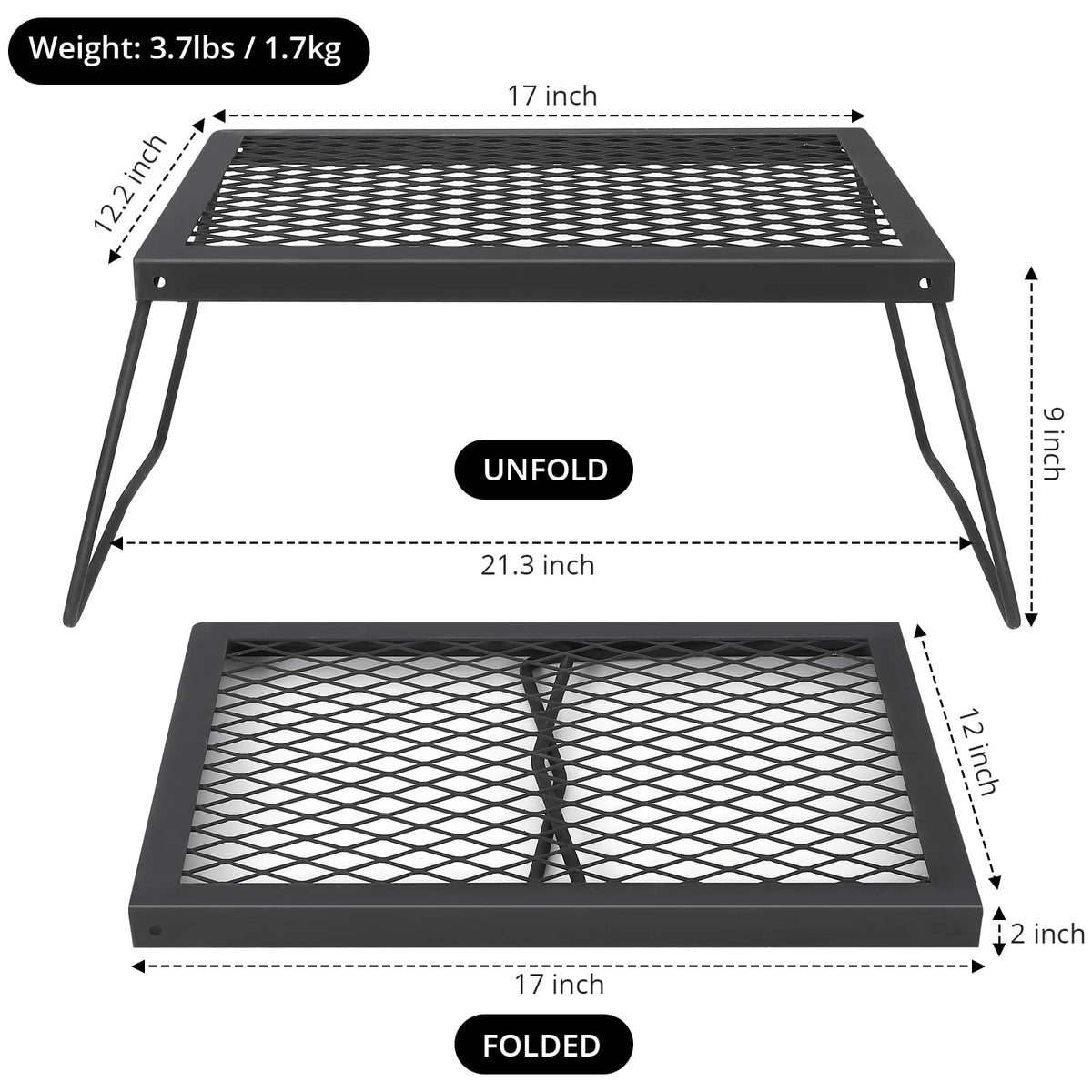 Swivel Campfire Grill Steel Grate, Height Adjustable Folding Fire Pit Rack - 17x12.2inch