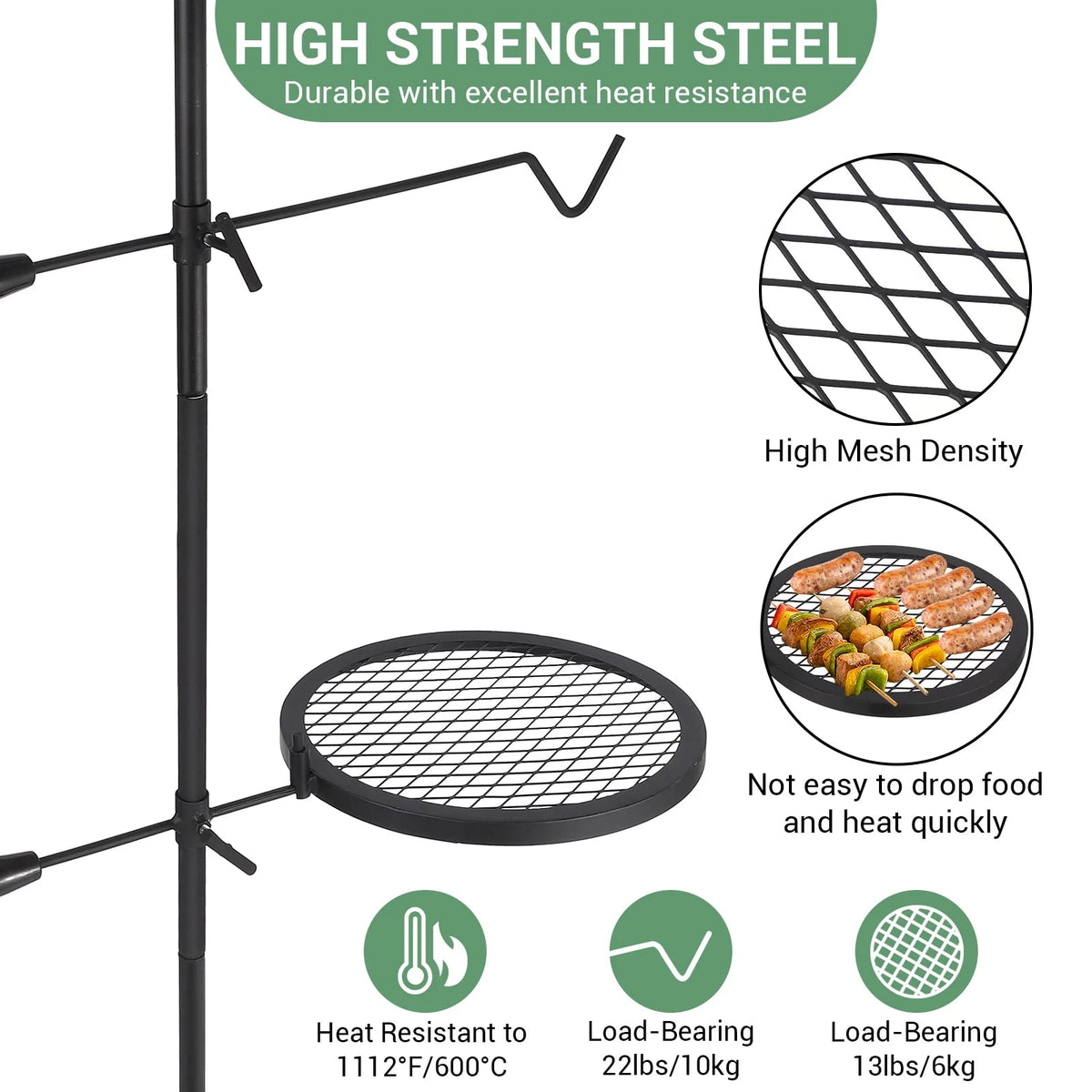 Swivel Campfire Grill Steel Grate, Height Adjustable Folding Fire Pit Rack