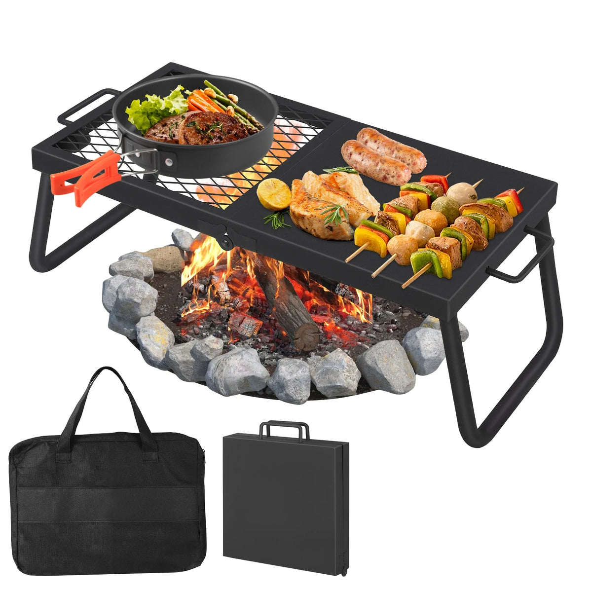 Swivel Campfire Grill Steel Grate, Height Adjustable Folding Fire Pit Rack - 22.4x11.2inch