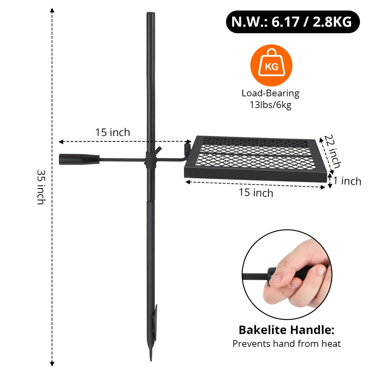 Swivel Campfire Grill Steel Grate, Height Adjustable Folding Fire Pit Rack - 22x15inch
