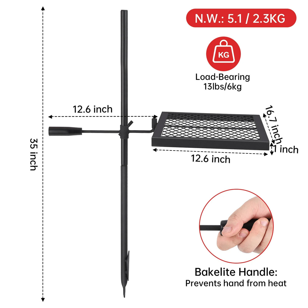 Swivel Campfire Grill Steel Grate, Height Adjustable Folding Fire Pit Rack - 16.7x12.6inch
