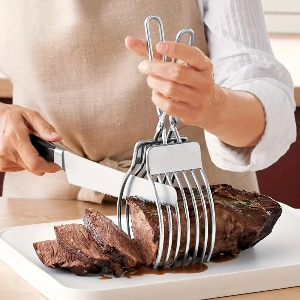 Stainless Steel Meat Slicing Tongs and BBQ Serving Tool, 28cm