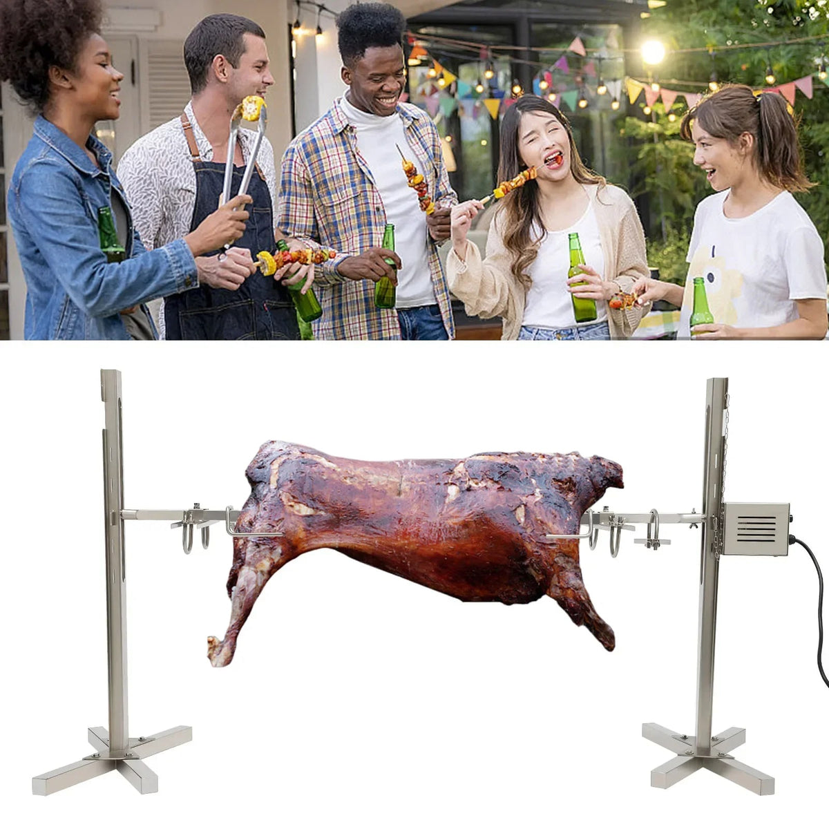 53in Metal Grill Rotisserie Spit Kit with Motorised Rotisserie Assembly