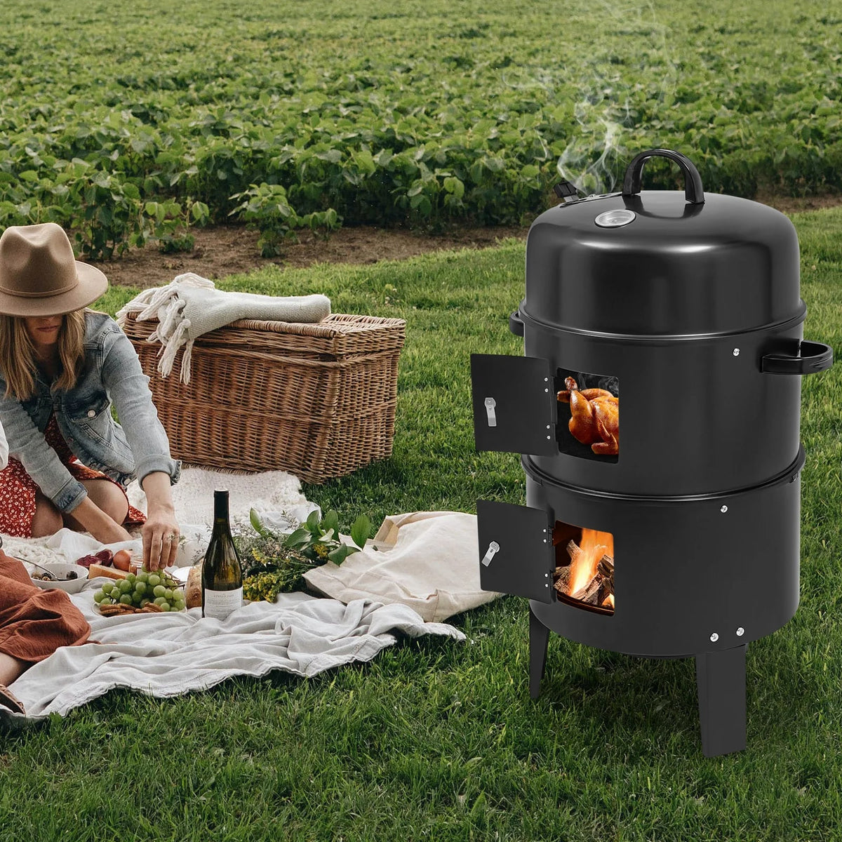 3-in-1 Iron Smoker BBQ Grill, 2-Layer Detachable, 40cm, Black