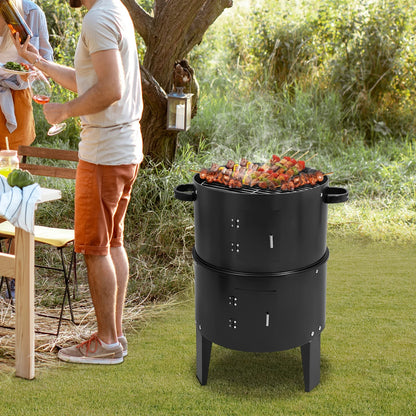 3-in-1 Iron Smoker BBQ Grill, 2-Layer Detachable, 40cm, Black