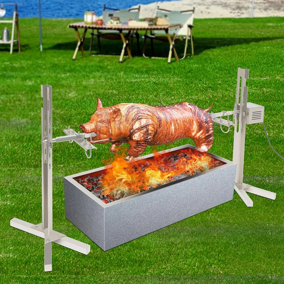 Electric BBQ Rotisserie Grill Kit, Stainless Steel, 40kg Load, 5-Height Stand