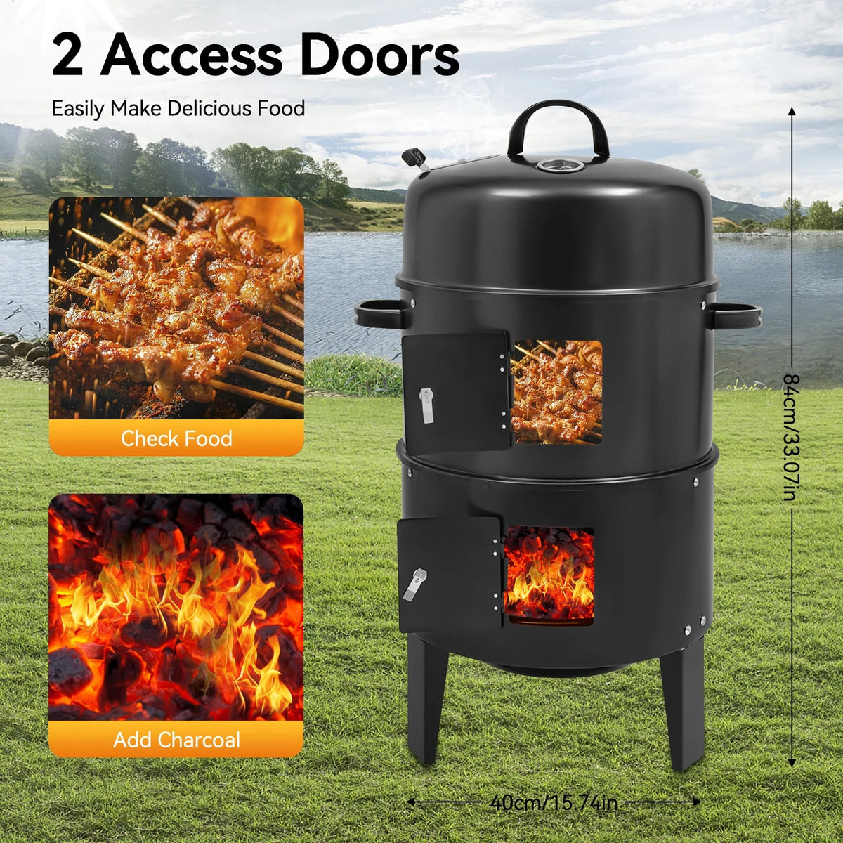 3-in-1 Charcoal BBQ Smoker Grill, 2-Layer Metal, 40cm, Black