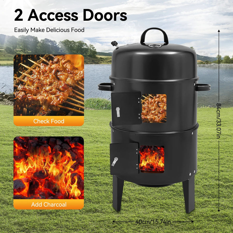 3-in-1 Charcoal BBQ Smoker Grill, 2-Layer Metal, 40cm, Black