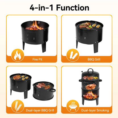 3-in-1 Charcoal BBQ Smoker Grill, 2-Layer Metal, 40cm, Black