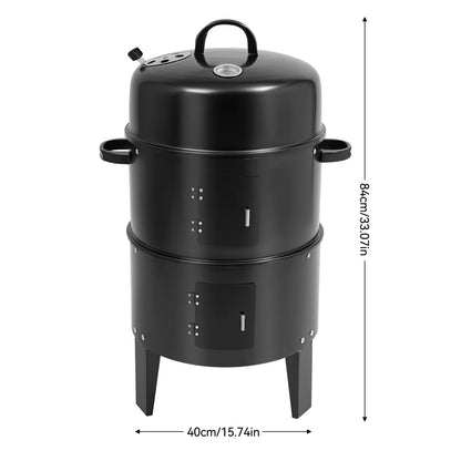 3-in-1 Charcoal BBQ Smoker Grill, 2-Layer Metal, 40cm, Black
