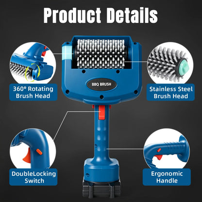 Cordless Electric Rotary BBQ Grill Cleaning Brush, 21V with Stainless Steel Head