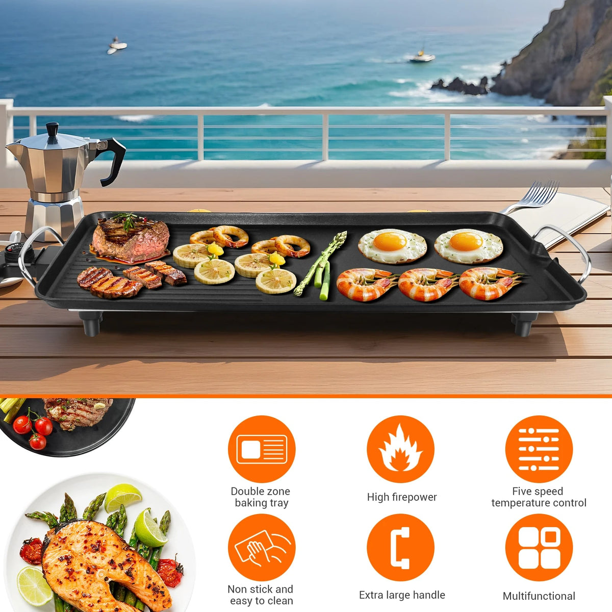 Electric Teppanyaki Grill Hot Plate, 73.5cm, 2000W Non-Stick Tabletop Griddle