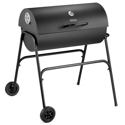 VonHaus Charcoal Barrel BBQ with Warming Rack, Temperature Gauge and Wheels