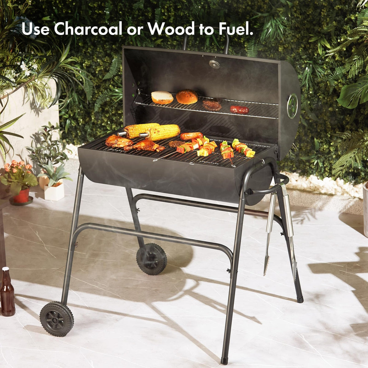 VonHaus Charcoal Barrel BBQ with Warming Rack, Temperature Gauge and Wheels