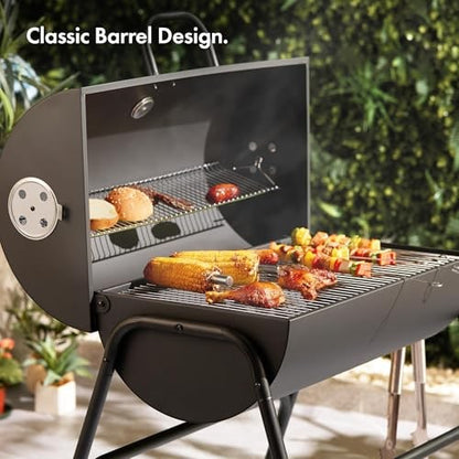 VonHaus Charcoal Barrel BBQ with Warming Rack, Temperature Gauge and Wheels