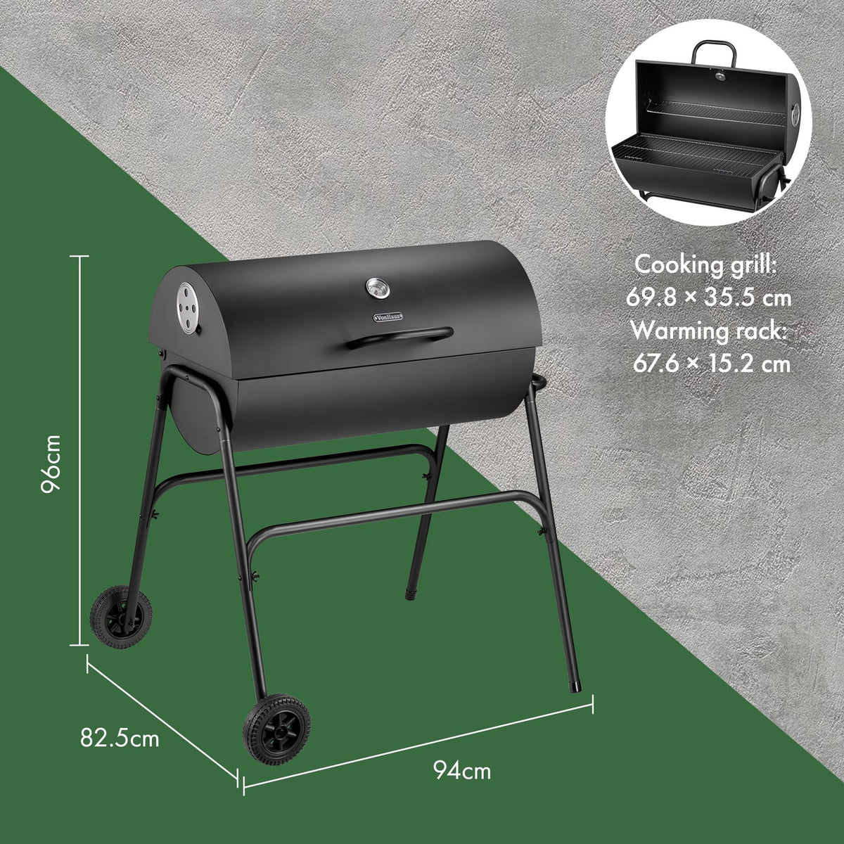 VonHaus Charcoal Barrel BBQ with Warming Rack, Temperature Gauge and Wheels