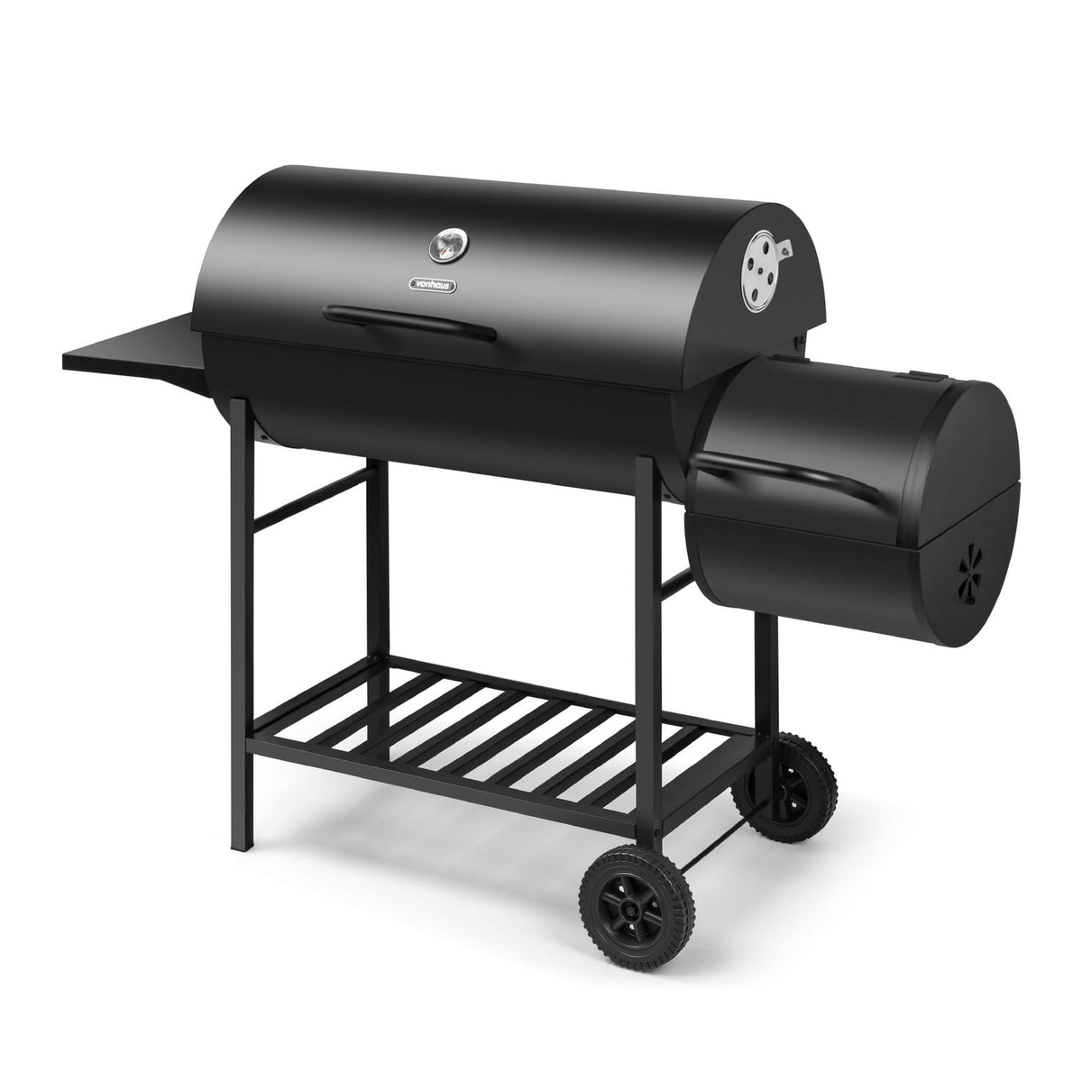 VonHaus Charcoal Barrel BBQ with Warming Rack, Temperature Gauge and Wheels - Large Grill with Offset Smoker