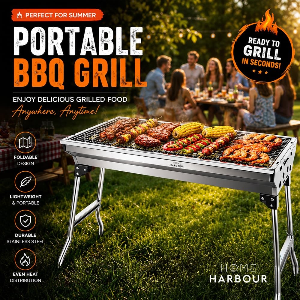 Home Harbour H1 Foldable Stainless Steel Charcoal BBQ Grill 73 x 33cm
