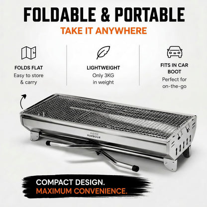 Home Harbour H1 Foldable Stainless Steel Charcoal BBQ Grill 73 x 33cm