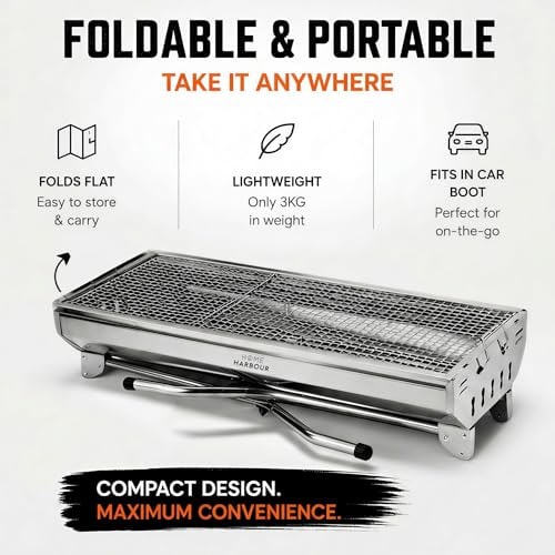 Home Harbour H1 Foldable Stainless Steel Charcoal BBQ Grill 73 x 33cm