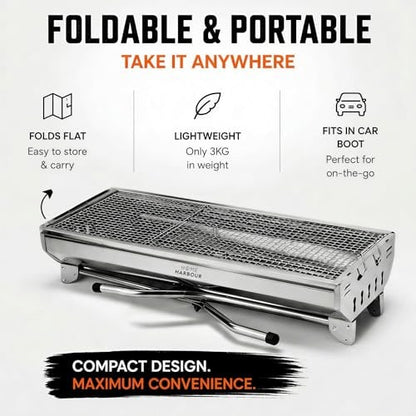 Home Harbour H1 Foldable Stainless Steel Charcoal BBQ Grill 73 x 33cm
