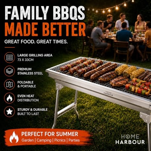 Home Harbour H1 Foldable Stainless Steel Charcoal BBQ Grill 73 x 33cm