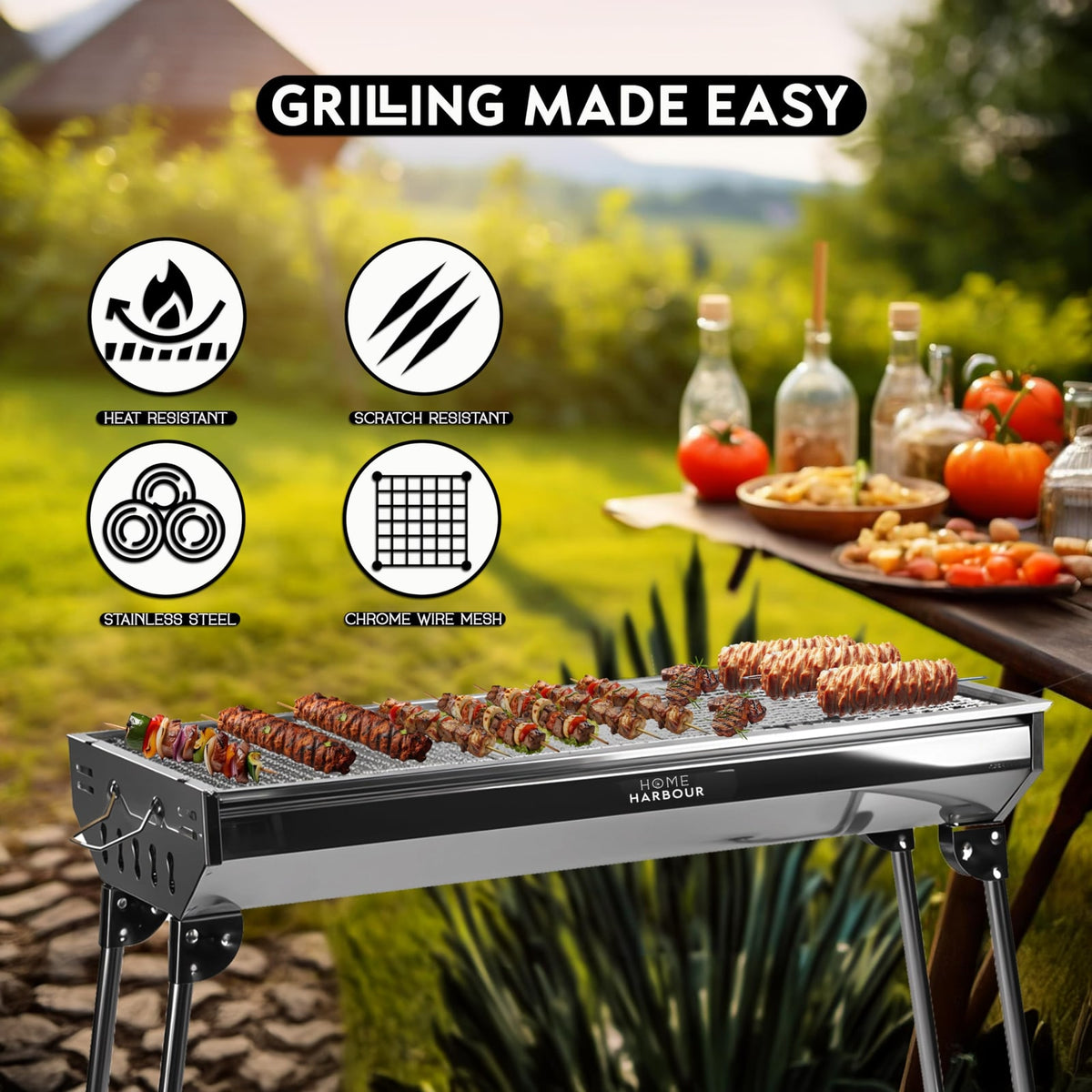 Home Harbour H1 Foldable Stainless Steel Charcoal BBQ Grill 73 x 33cm