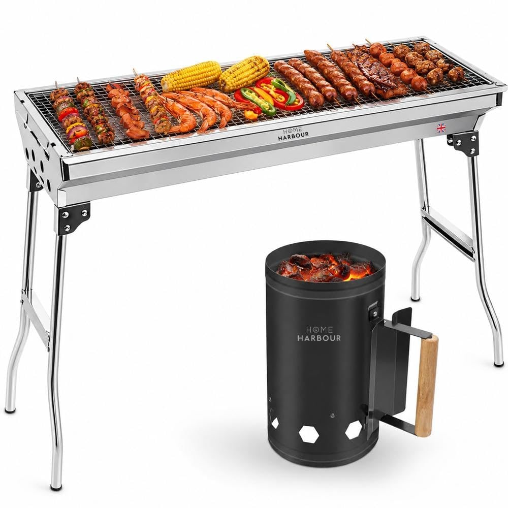 Home Harbour H1 Foldable Stainless Steel Charcoal BBQ Grill 73 x 33cm - H1 BBQ + Chimney Starter